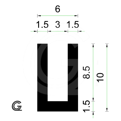 Rubber U Profile | inside size 3 mm | height 10 mm | thickness 1,5 mm | Per Meter